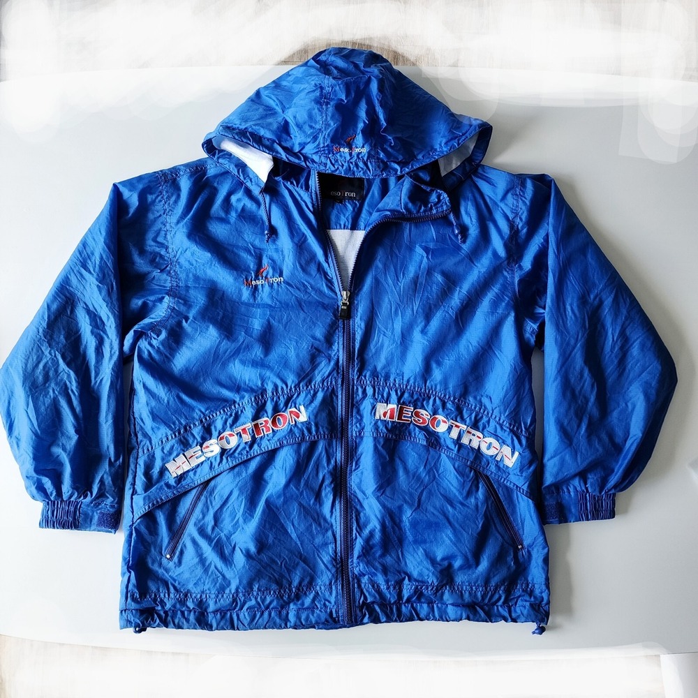 VTG‎ MESOTRON Shell Jacket Mens Medium Hooded Nylon Full Zip Blue Windbreaker